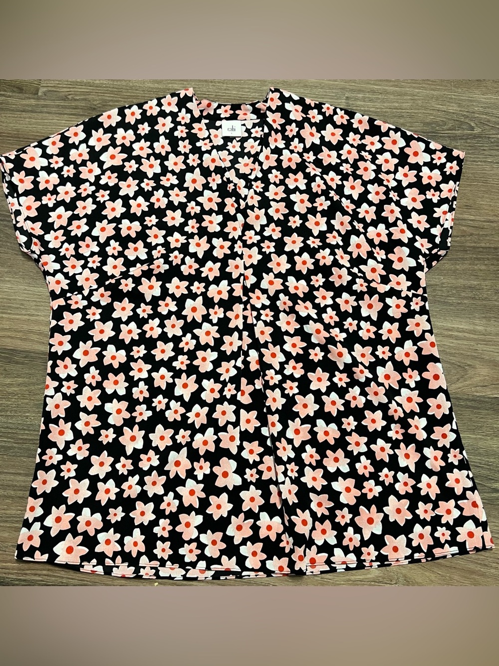CAbi Black Floral V-Neck Short Sleeve Blouse with Pink and White Flowers
